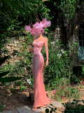 Peaches Pink Sheath Spaghetti Strap Satin Long Prom Dress Evening Dress HZ1023