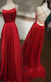 red long prom dress with spaghetti straps, lace up back and side slit HZ1023
