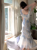 Gentle Mermaid Strap Print Flower Blue Chiffon Party Dress Evening Dress HZ1023