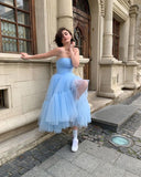Baby Blue A Line Strapless Tulle Prom Dress Wedding Guest Dress Birthday Dress HZ1023