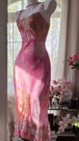 Pink Print Floral Sheath Spaghetti Straps Lace Chiffon Prom Dress Evening Dress HZ1023