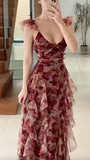 Vintage A Line Print Floral Irregular Ruffles Tulle Long Prom Dress Evening Party Dress HZ1023