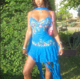 Unique A Line Spaghetti Strap Beaded Embroidered Ruffle Blue Chiffon Homecoming Dress HZ1023