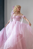 Star Sequin Pink A Line Straps Layered Tulle Date Dress Prom Dress Evening Dress HZ1023