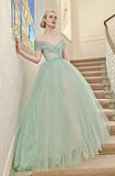 Green Princess Ball Gown Off the Shoulder Pearl Tulle Prom Dress Evening Dress HZ1023