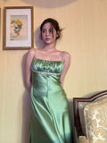 Vintage A Line Spaghetti Strap Beaded Green Satin Party Dress Evening Dress HZ1023