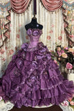 Vintage Purple Ball Gown Strapless Floral Beaded Layered Organza Prom Dress 18th Birthday Dress HZ1023