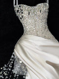 Shiny Sheath Sweetheart Neck Sequin Beaded Satin Prom Dress Evening Dress with Slit HZ1023