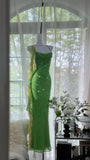 Shiny Sheath Spaghetti Strap Sequin Beaded Green Chiffon Open Back Party Dress Evening Dress HZ1023