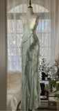 Mint Green Sheath Spaghetti Strap Ruffle Beaded Chiffon Prom Dress Evening Dress HZ1023