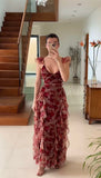 Vintage A Line Print Floral Irregular Ruffles Tulle Long Prom Dress Evening Party Dress HZ1023