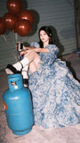 Romantic A Line Puff Sleeve Print Flower Blue Chiffon Party Dress Evening Dress with Slit HZ1023