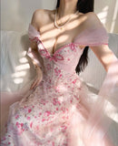 Cute Pink Print Floral A Line Satin Tulle Prom Dress 16th Birthday Dress Wedding Guest Dress HZ1023