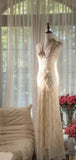 Elegant Sheath Halter Beaded Ivory Chiffon Open Back Party Dress Evening Dress HZ1023