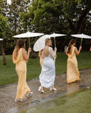 Cute Sheath Halter Yellow Satin Open Back Evening Dress Bridesmaid Dress HZ1023