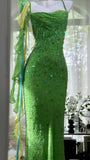 Shiny Sheath Spaghetti Strap Sequin Beaded Green Chiffon Open Back Party Dress Evening Dress HZ1023