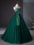 Green A Line Strapless Tulle Ball Gown Prom Dress HZ1023