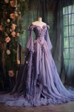 Elegant A Line Long Sleeve 3D Flower Purple Chiffon Long Prom Dress Evening Dress HZ1023