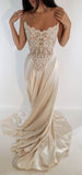 Elegant A Line Strapless Lace Satin Long Prom Dress Evening Dress HZ1023