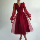 Charming Puffy Long Sleeve Burgundy Tea Length Long Prom Dress/Evening Gown HZ1023
