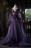 Gorgeous A Line Long Sleeve Purple 3D Flower Lace Tulle Prom Dress Evening Dress HZ1023