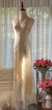 Elegant Sheath Halter Beaded Ivory Chiffon Long Prom Dress Graduation Prom Dress HZ1023
