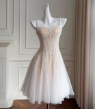 Sequin A Line Spaghetti Strap Corset Skin Color White Tulle Homecoming Dress HZ1023