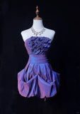 Vintage A Line Strapless Flower Purple Satin Mini Homecoming Dress Cocktail Dress HZ1023