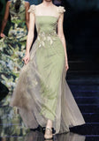 Fairy A Line Puff Sleeve Appliques Green Satin Tulle Long Prom Dress Prom Dress HZ1023