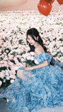 Romantic A Line Puff Sleeve Print Flower Blue Chiffon Party Dress Evening Dress with Slit HZ1023