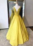 Yellow v neck long prom dress, yellow evening dress HZ1023