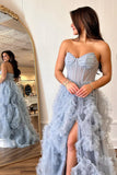 Blue A Line Strapless Ruffle Tulle Long Prom Dresses with Slit HZ1023