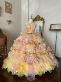 Romantic Yellow Colorful Flower Sweetheart Neck Ball Gown Layered Organza Prom Dress Birthday Dress HZ1023