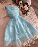 Blue A Line One Shoulder Tiered Organza Short Homecoming Dress Outfits HZ1023