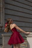 Burgundy A Line Strapless Satin Tulle Mini Homecoming Dress Cocktail Dress HZ1023