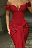 Burgundy Sexy Mermaid Off the SHoulder Satin Long Prom Dress Wedding Guest Dress HZ1023