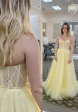 Yellow tulle beads prom dress evening dress HZ1023