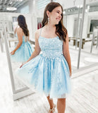 Blue tulle lace short prom dress homecoming dress HZ1023
