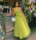 Cute A Line Spaghetti Strap Green Pleated Tulle Party Dress Evening Dress HZ1023