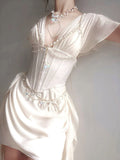 Gentle A Line V Neck White Chiffon Satin Mini Homecoming Dress HZ1023