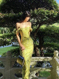 Elegant Sheath Straps Print Flower Green Satin Party Dress Evening Dress HZ1023