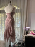 Cute Mermaid Spaghetti Strap Beaded Ruffle Pink Chiffon Short Homecoming Dress Birthday Dress HZ1023