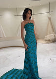 Gorgeous Sheath Strapless Bead Sequin Green Satin Long Sweep Party Dress with Slit HZ1023