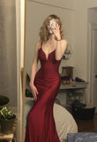 Burgundy Mermaid Spaghetti Strap Satin Open Back Party Dress Evening Dress HZ1023