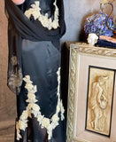 Vintage Mermaid Spaghetti Strap Appliques Black Chiffon Satin Party Dress HZ1023