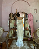 Unique Sheath Strapless Tiered Chiffon Satin Long Prom Dress Evening Dress HZ1023