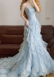 Romantic Mermaid Strapless Beaded Blue Lace Ruffle Organza Prom Dress HZ1023