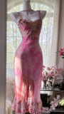 Pink Print Floral Sheath Spaghetti Straps Lace Chiffon Prom Dress Evening Dress HZ1023
