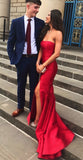 long prom dresses, strapless mermaid red prom dresses with slit HZ1023