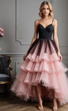 Elegant A Line Spaghetti Strap Black Satin Pink Layered Tulle Prom Dress 16th Birthday Dress HZ1023